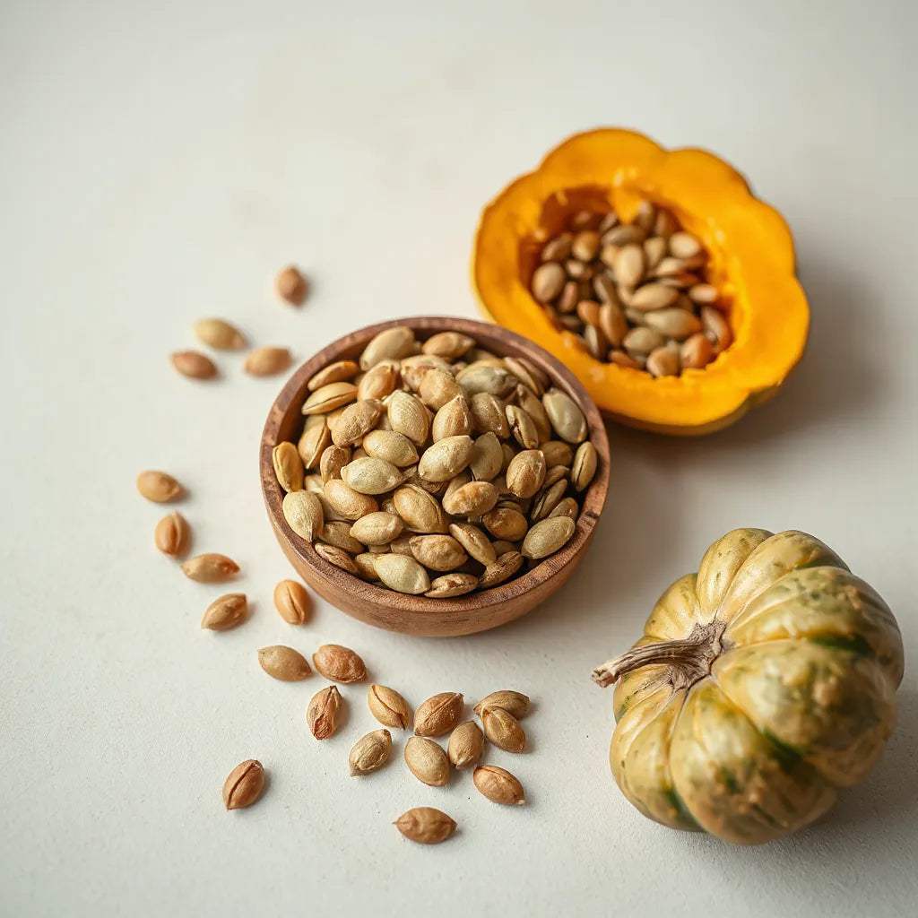 Bowl com sementes de abóbora cruas e algumas sementes soltas sobre fundo claro