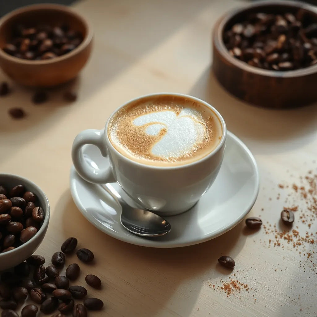 Copo de cappuccino cremoso com espuma, em mesa de madeira clara com grãos de café ao lado