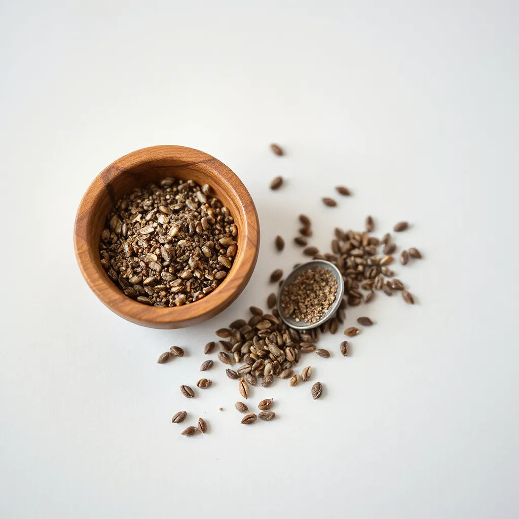 Combo de chia e linhaça em tigela de madeira, com sementes ao redor em fundo claro.