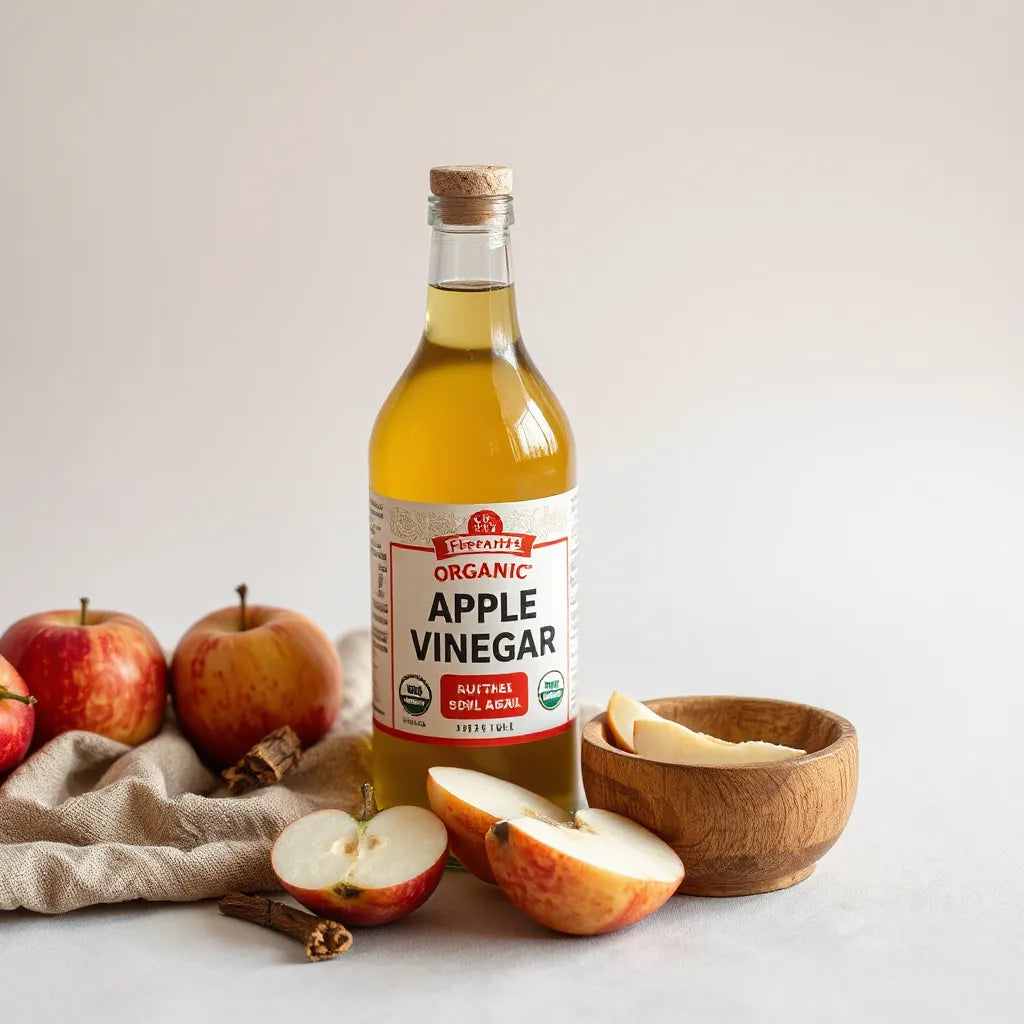 Garrafa de vidro com vinagre de maçã orgânico e fatias de maçã em fundo claro