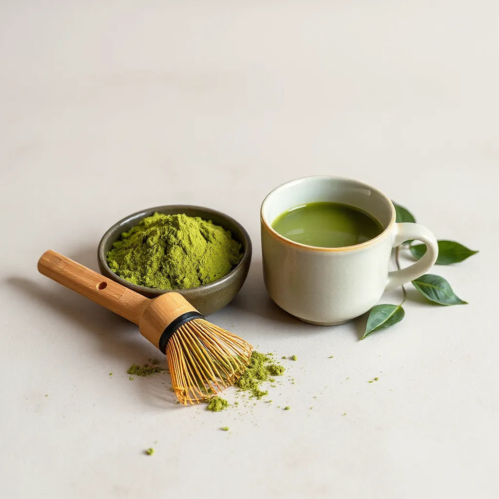 Tigela de matcha verde puro com batedor de bambu e xícara de matcha pronta em fundo claro.