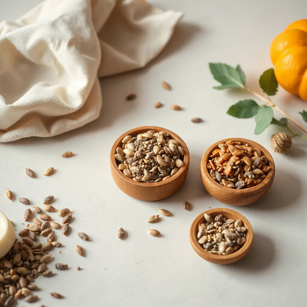 Tigela com mix de sementes chia, linhaça e abóbora, em mesa de madeira com luz natural