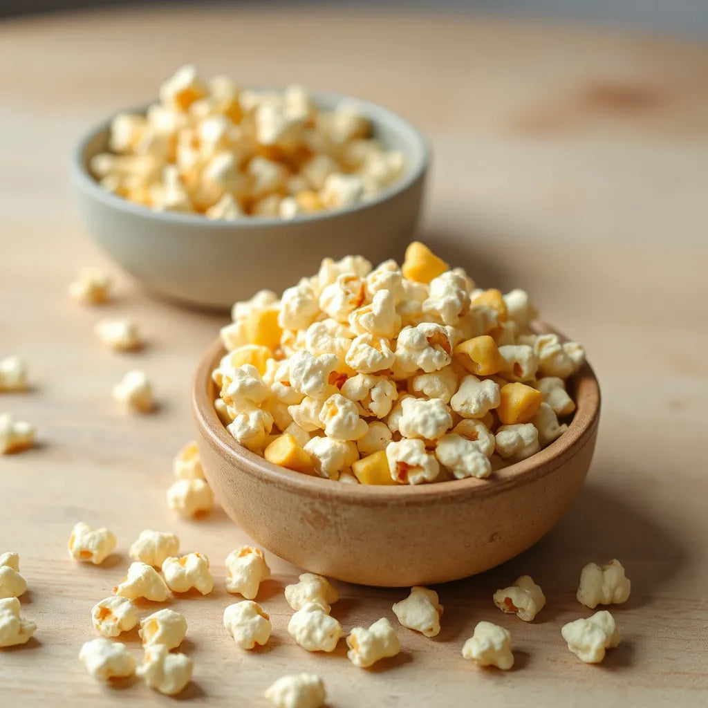 Grãos de milho orgânico em um bowl e pipoca recém-estourada ao fundo