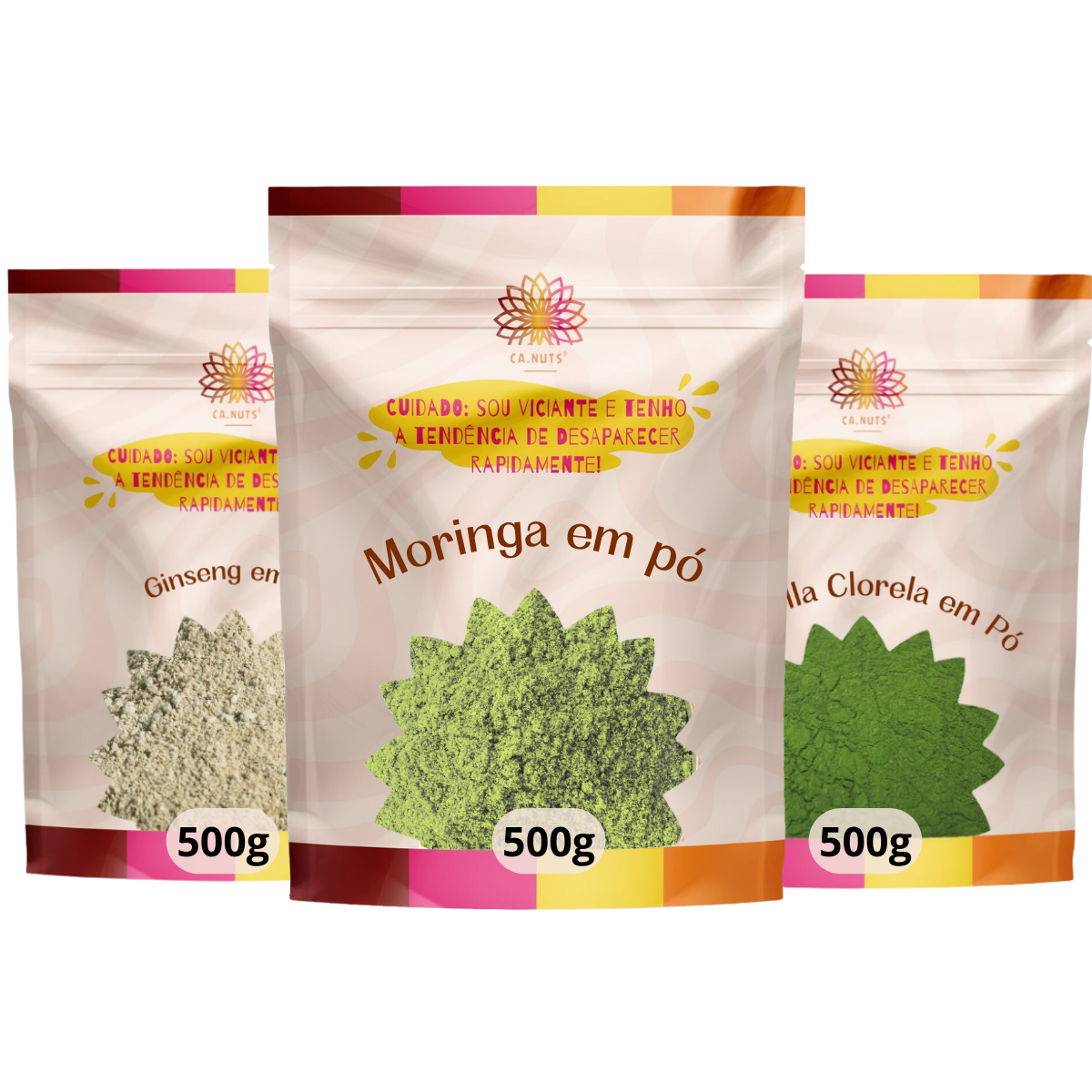 Nootrópico Natural Ca.Nuts (3x500g) Premium | Moringa em Pó, Ginseng em Pó e Chlorella em Pó