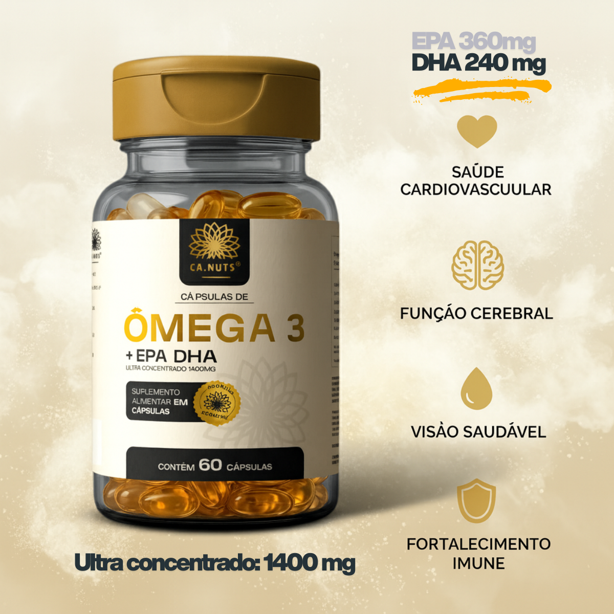 Ômega 3 Rico em EPA DHA 1400mg Ultra Concentrado Ca.nuts 60 Cápsulas