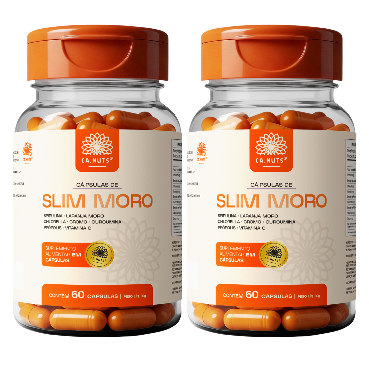 Slim Moro Cápsulas Ca.nuts | 60 Cápsulas | Extrato de Laranja Moro + Spirulina + Chlorella + Cromo + Curcumina + Própolis + Vitamina C