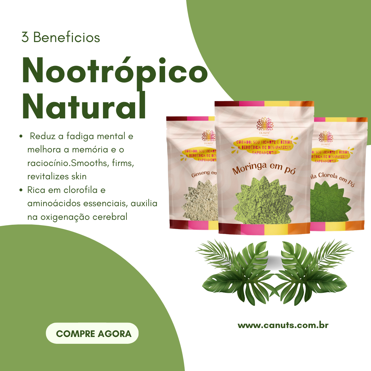 Nootrópico Natural Ca.Nuts (3x500g) Premium | Moringa em Pó, Ginseng em Pó e Chlorella em Pó