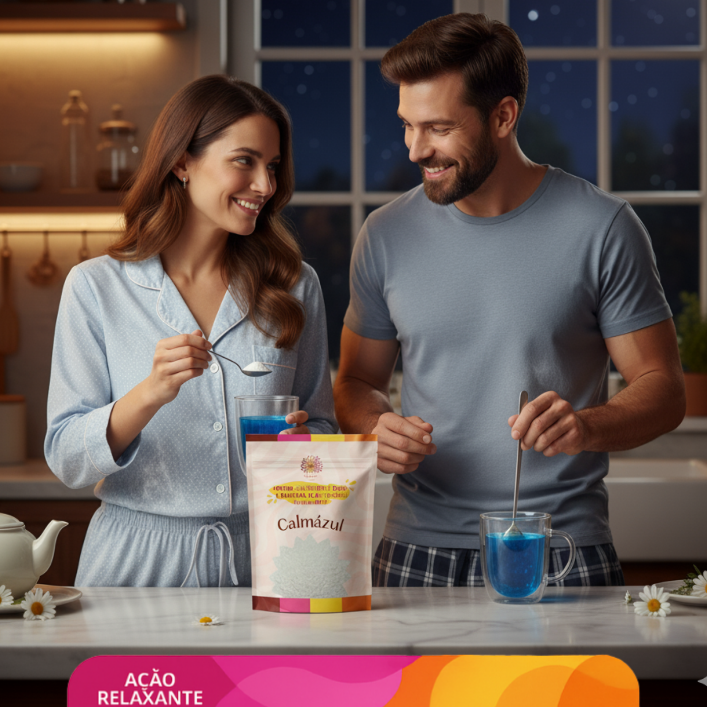 Chá Calmázul Ca.Nuts – Camomila, Maracujá e Spirulina Azul | Chá Natural para Dormir e Relaxar