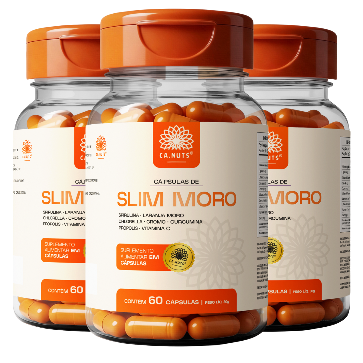 Slim Moro Cápsulas Ca.nuts | 60 Cápsulas | Extrato de Laranja Moro + Spirulina + Chlorella + Cromo + Curcumina + Própolis + Vitamina C