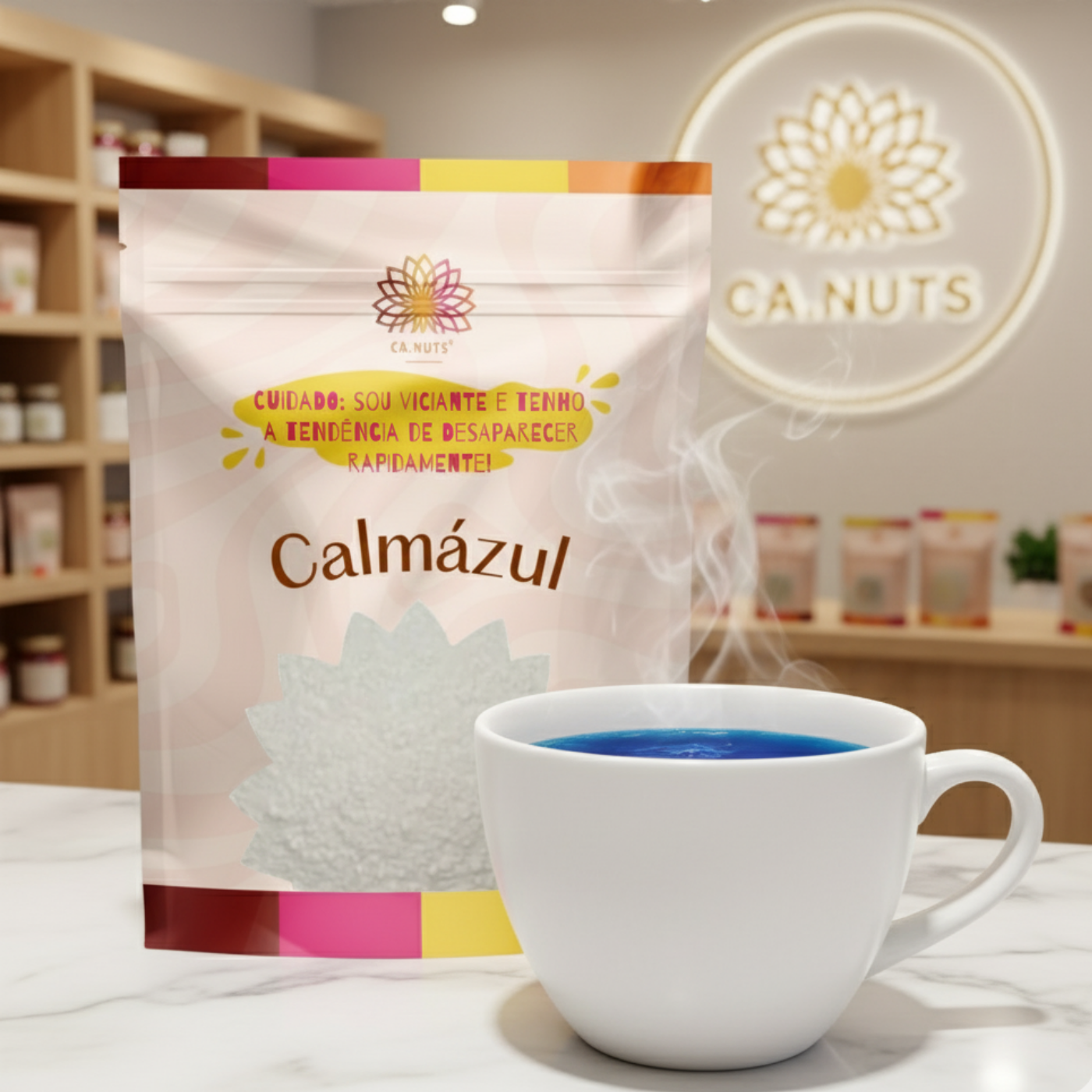 Chá Calmázul Ca.Nuts – Camomila, Maracujá e Spirulina Azul | Chá Natural para Dormir e Relaxar