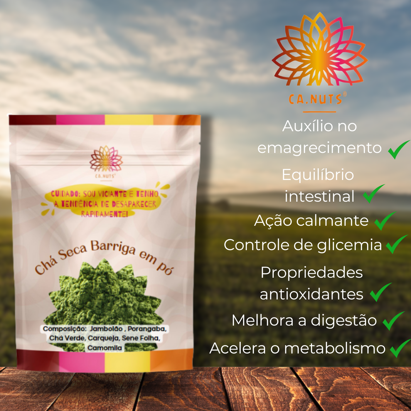 Chá Seca Barriga em Pó Premium Ca.Nuts | Jambolão, Porangaba, Chá verde, Cerqueja, Sene e Camomila