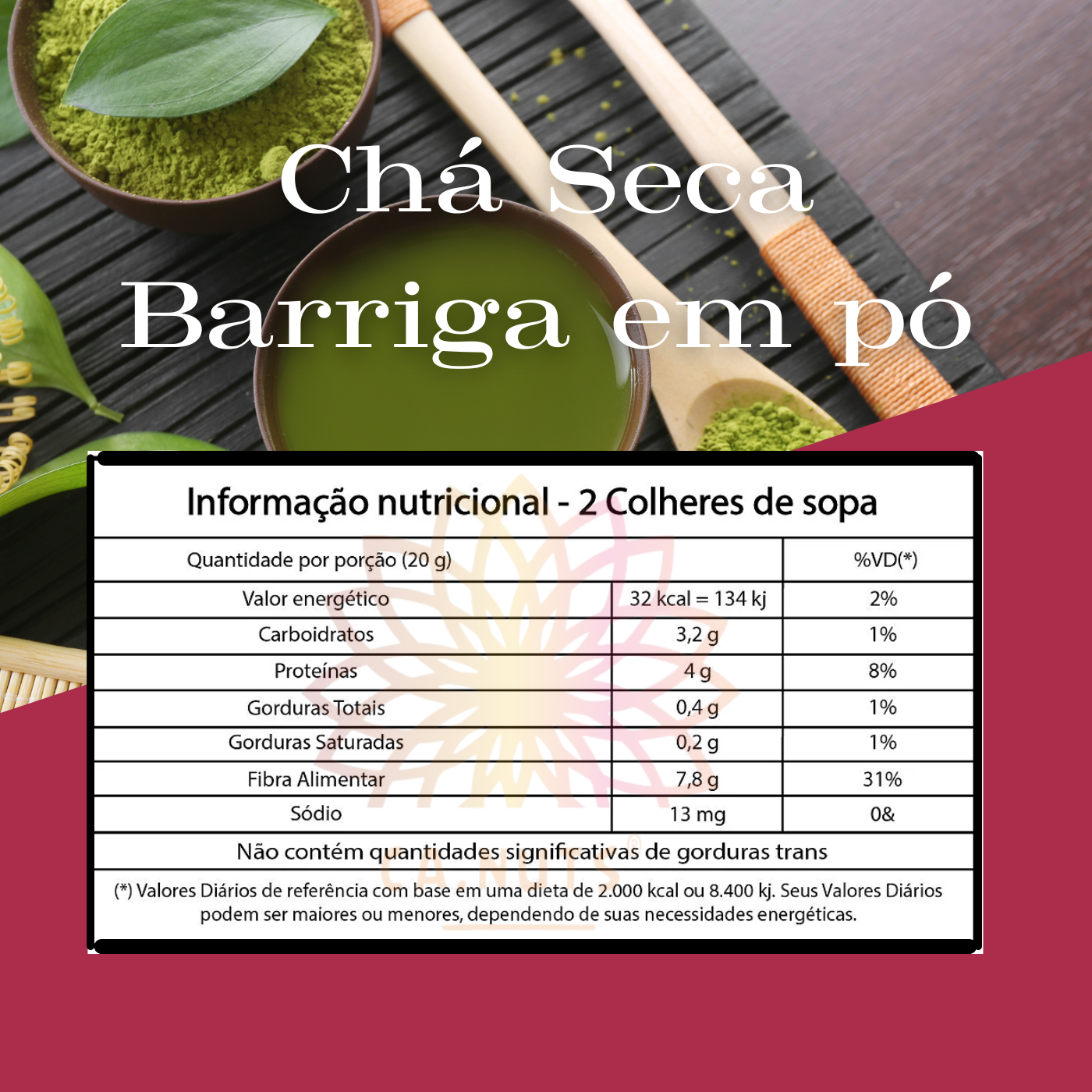 Chá Seca Barriga em Pó Premium Ca.Nuts | Jambolão, Porangaba, Chá verde, Cerqueja, Sene e Camomila