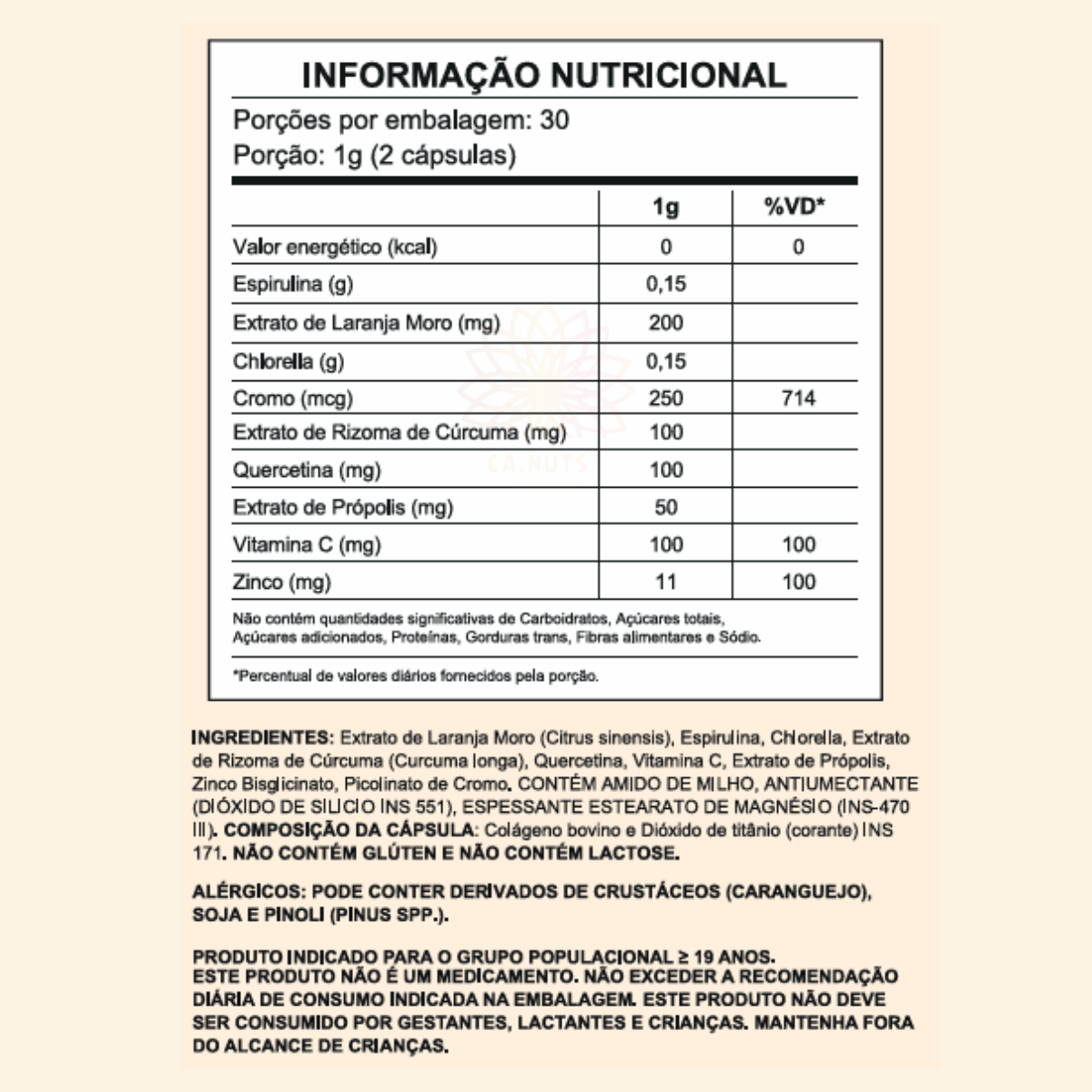 Slim Moro Cápsulas Ca.nuts | 60 Cápsulas | Extrato de Laranja Moro + Spirulina + Chlorella + Cromo + Curcumina + Própolis + Vitamina C