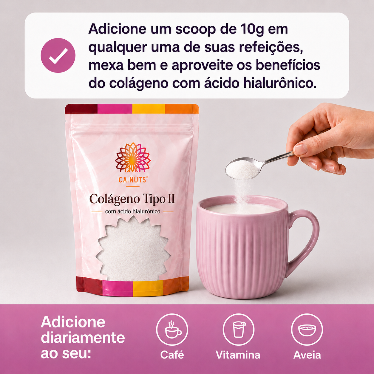 Colágeno Tipo II + Ácido Hialurônico e Vit. A, C, E e Zinco Ca.nuts