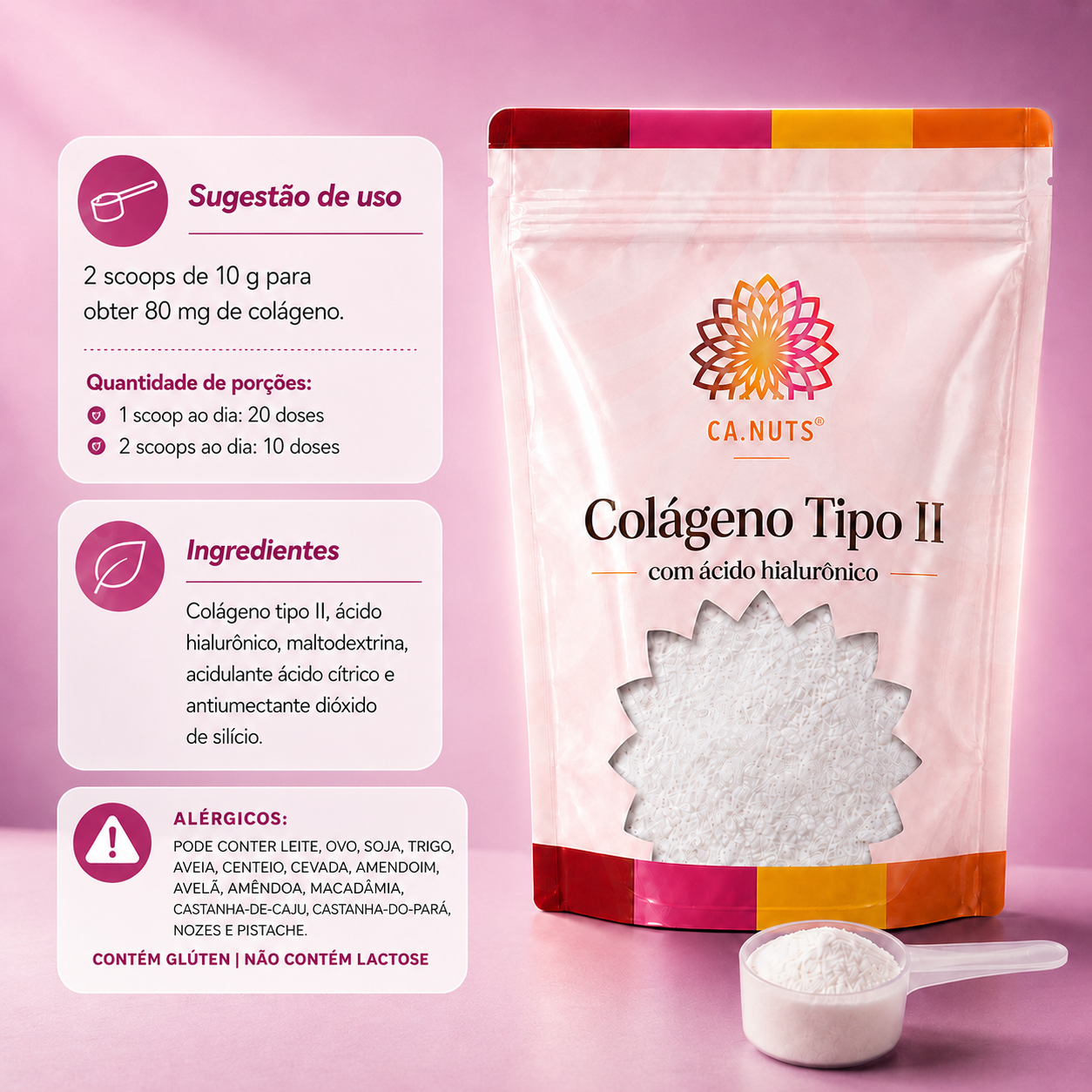Colágeno Tipo II + Ácido Hialurônico e Vit. A, C, E e Zinco Ca.nuts