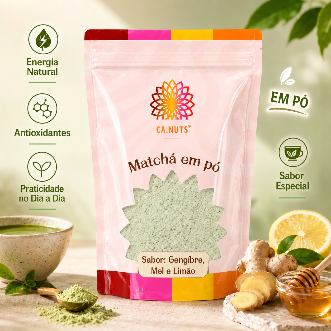 Matcha em pó solúvel (Gengibre, Mel e Limão) Premium Ca.Nuts
