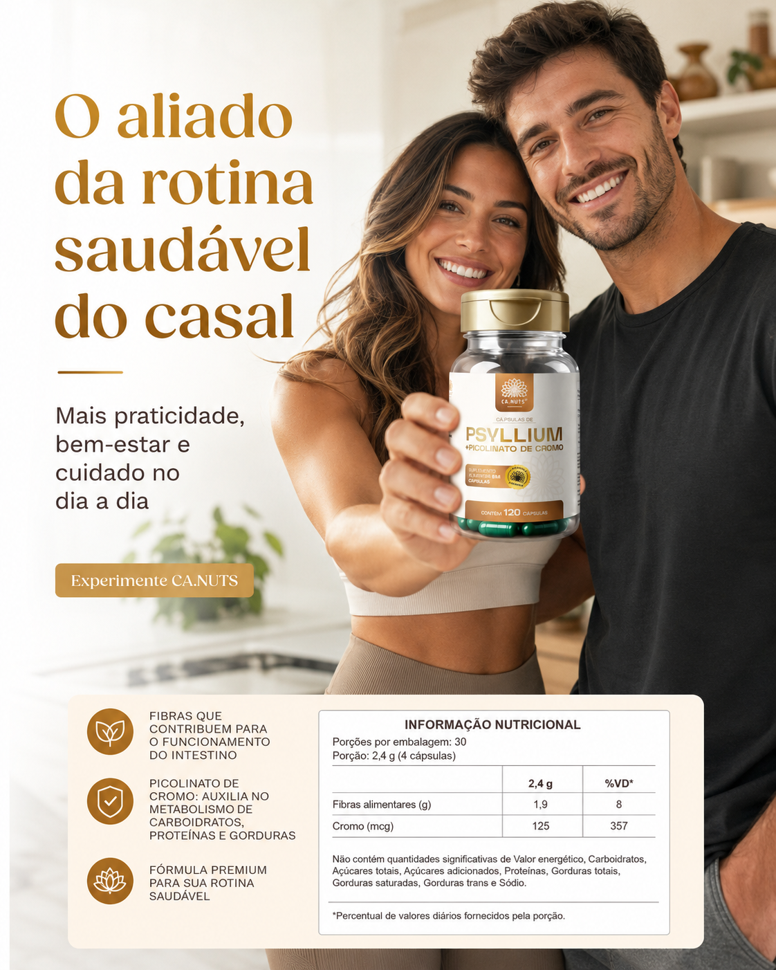 Psyllium em cápsulas mais Piccolinato de Cromo 1200mg Ca.nuts