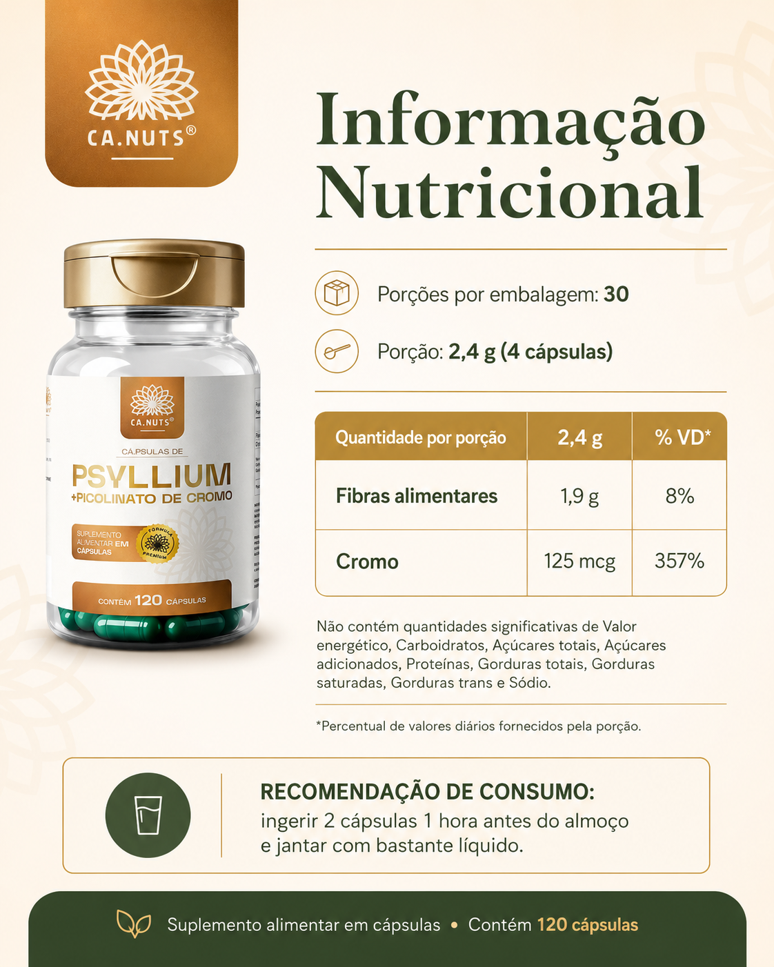 Psyllium em cápsulas mais Piccolinato de Cromo 1200mg Ca.nuts