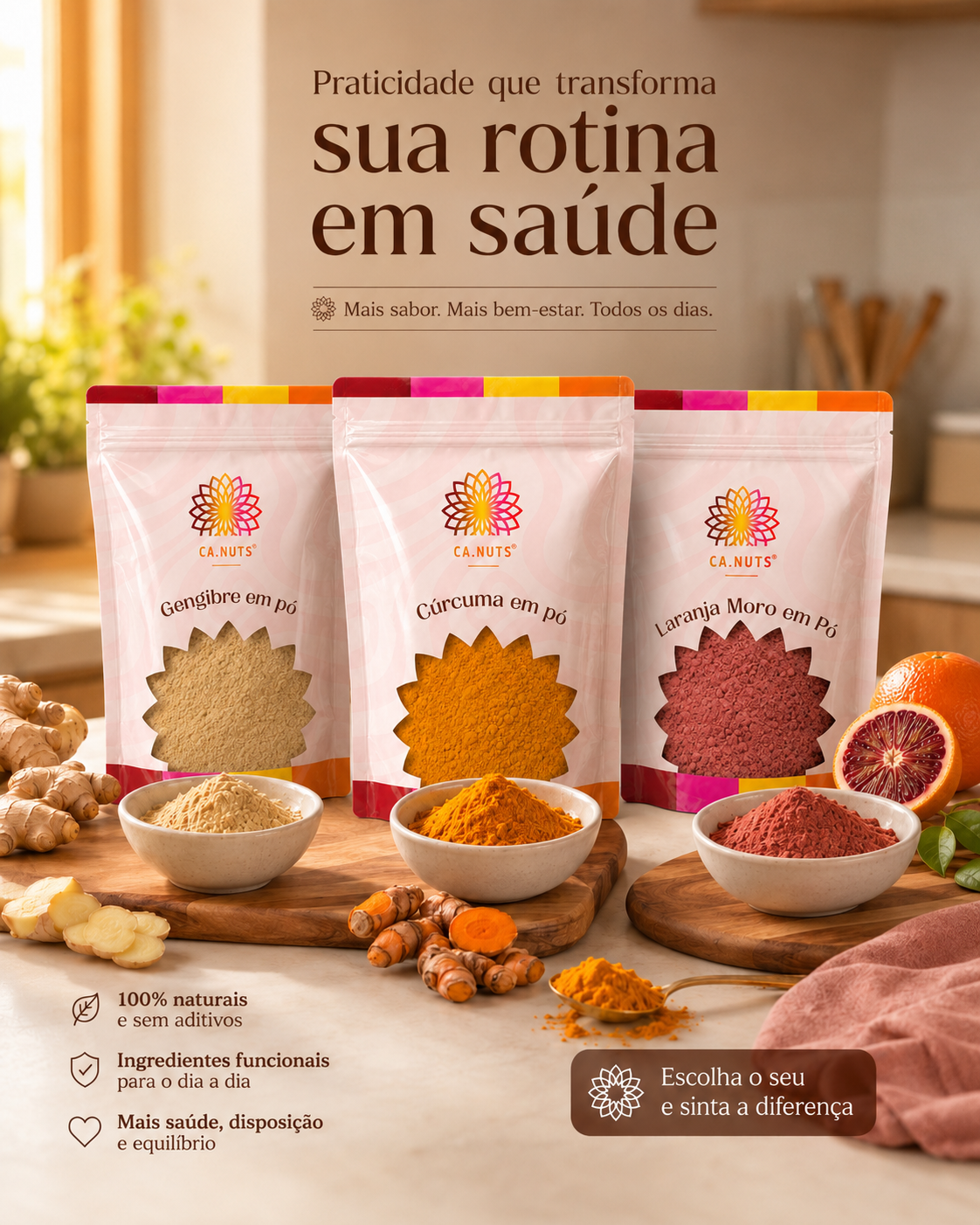 Shot Matinal em Pó – Cúrcuma, Gengibre e Laranja Moro em pó | Aumenta Imunidade, Detox Diário e Termogênico Natural | Kit Ca.nuts