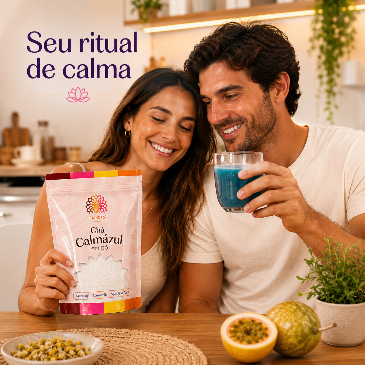 Chá Calmázul Ca.Nuts – Camomila, Maracujá e Spirulina Azul | Chá Natural para Dormir e Relaxar
