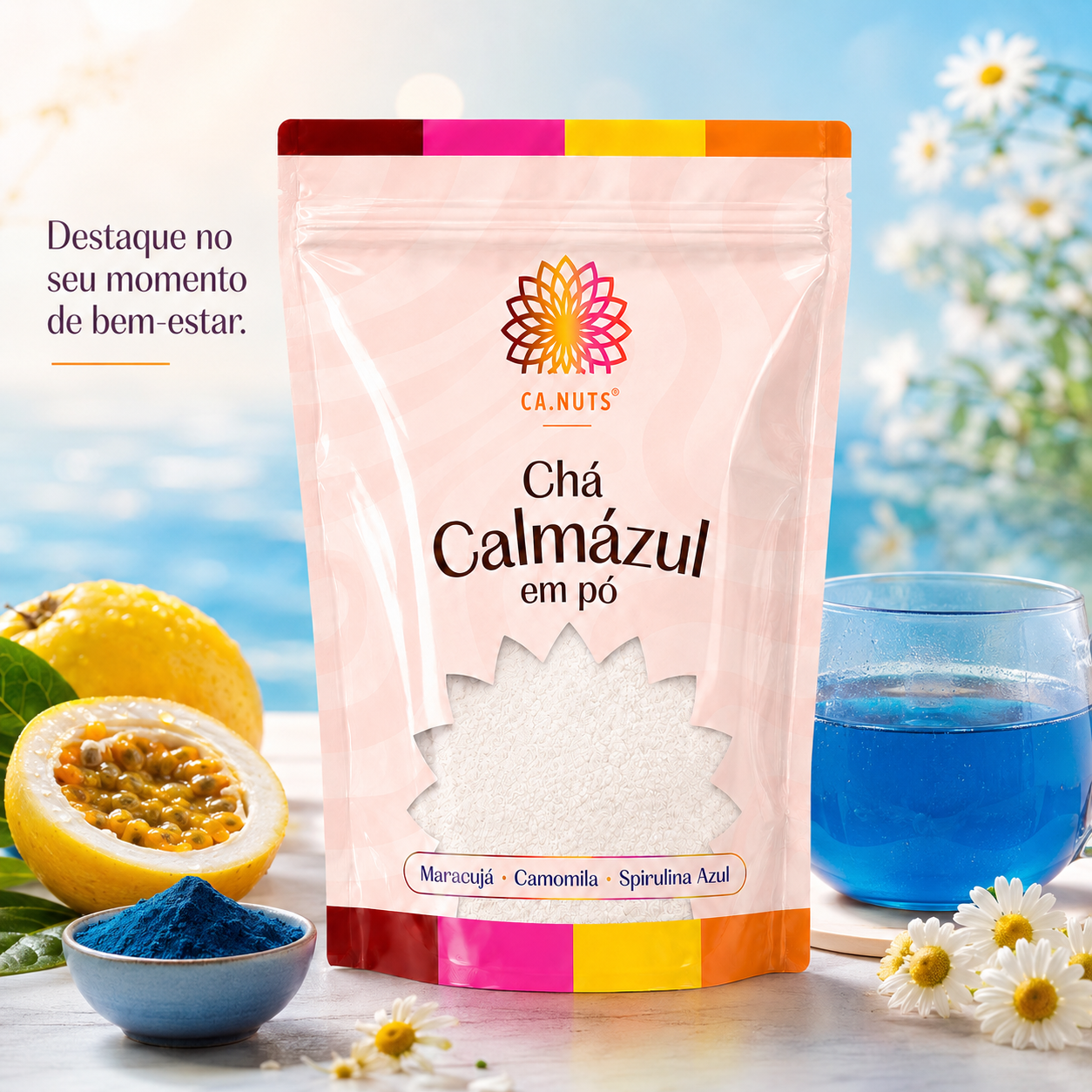 Chá Calmázul Ca.Nuts – Camomila, Maracujá e Spirulina Azul | Chá Natural para Dormir e Relaxar