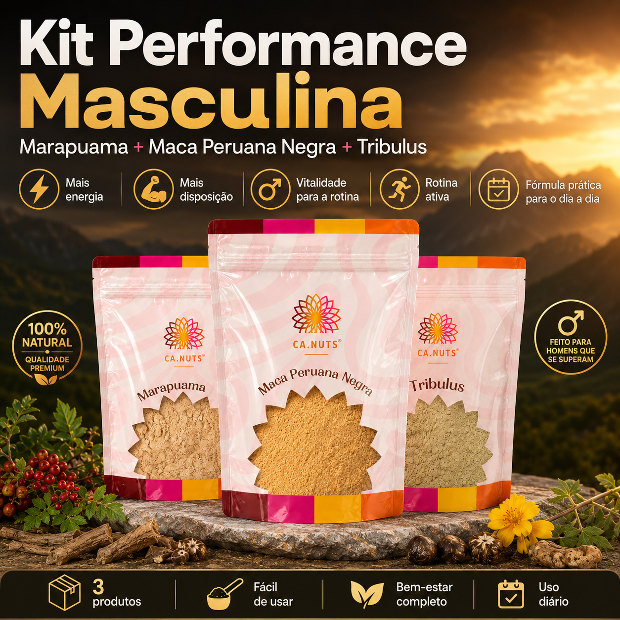 Kit Performance Masculina Tribullus Terrestris, Marapuama e Maca Peruana Negra
