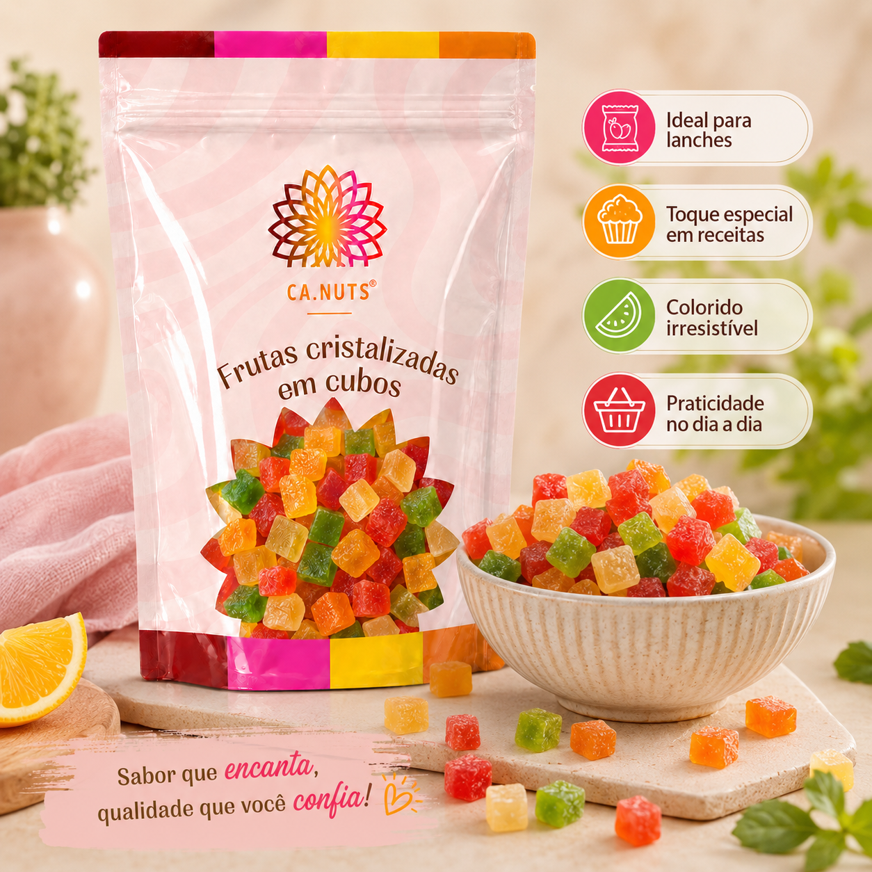 Frutas cristalizadas em cubos