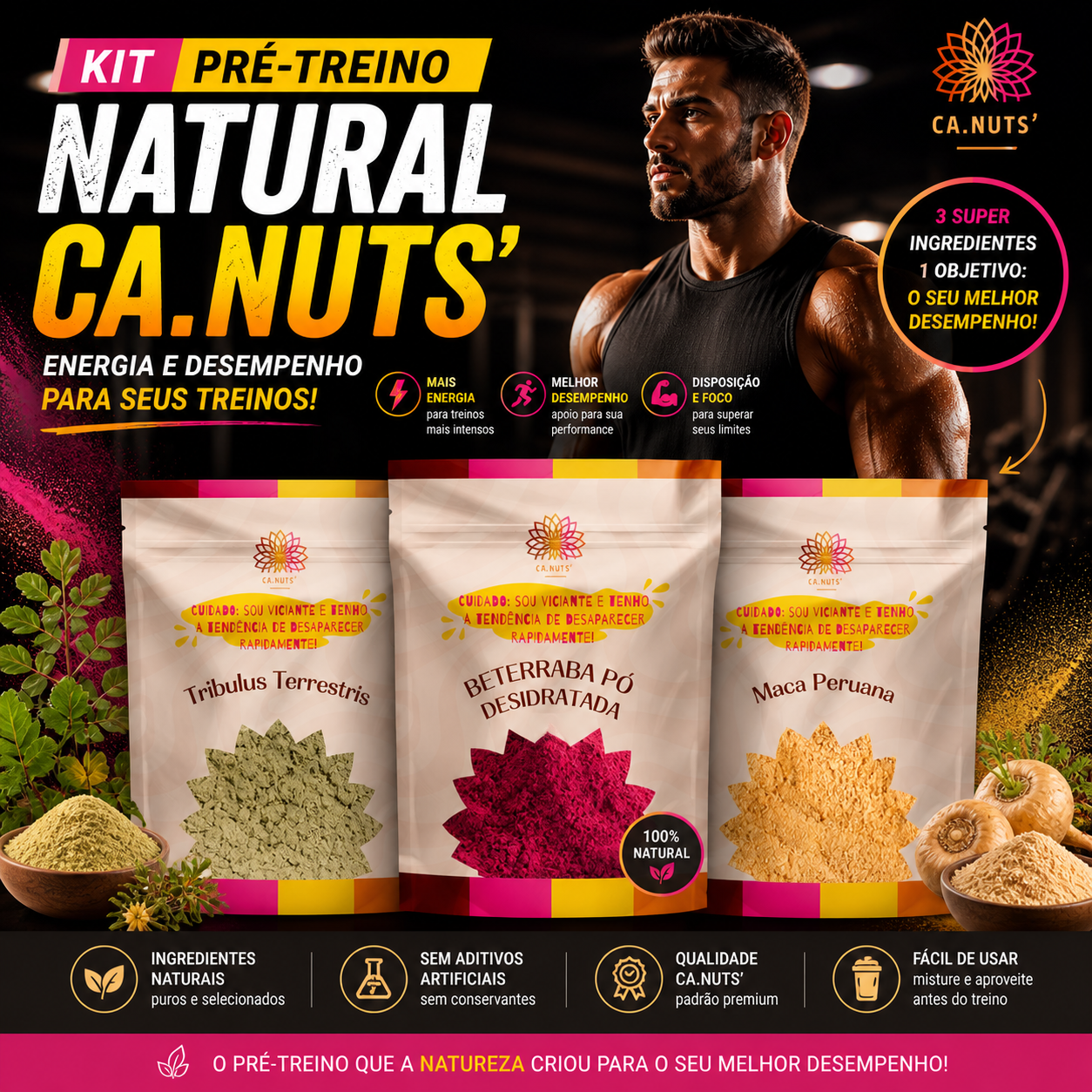 KIT Pré-Treino Natural (Tribullus 250g, Maca peruana 250g e Farinha de beterraba 250g)