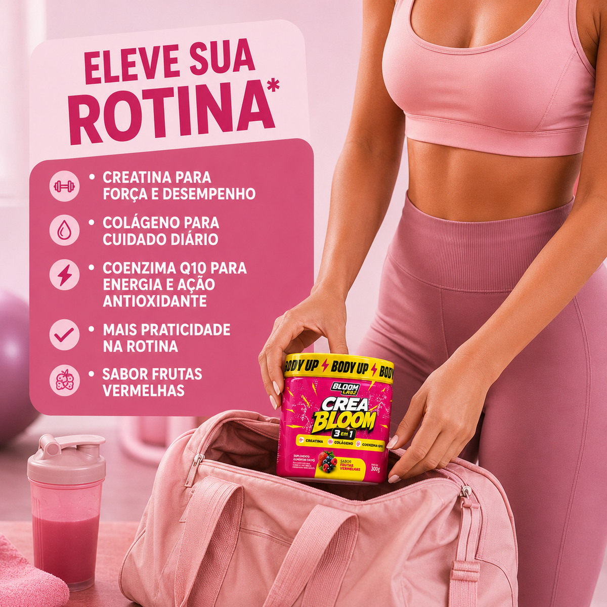 CreaBloom Creatina em Pó 3 em 1 - Creatina, Colágeno e Coenzima Q10