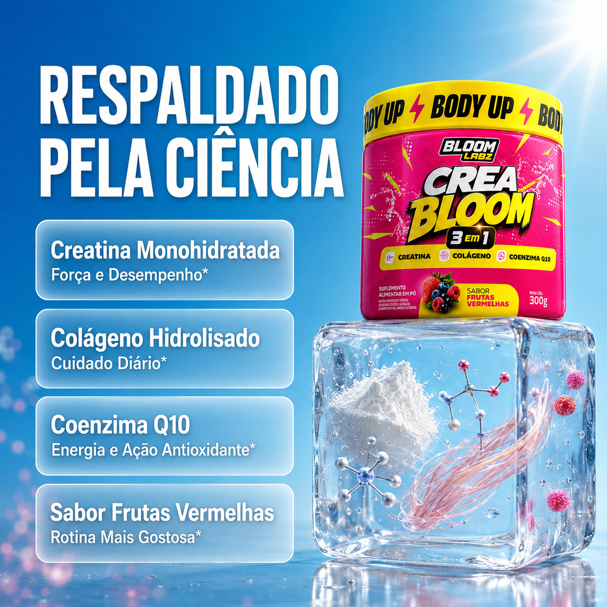 CreaBloom Creatina em Pó 3 em 1 - Creatina, Colágeno e Coenzima Q10