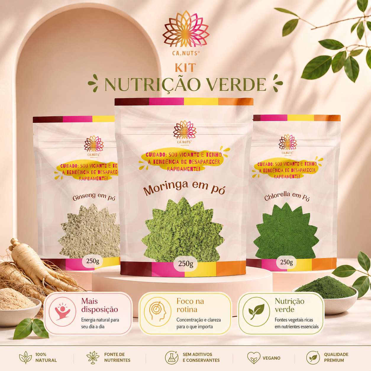 Nootrópico Natural Ca.Nuts (3x250g) Premium | Moringa em Pó, Ginseng em Pó e Chlorella em Pó