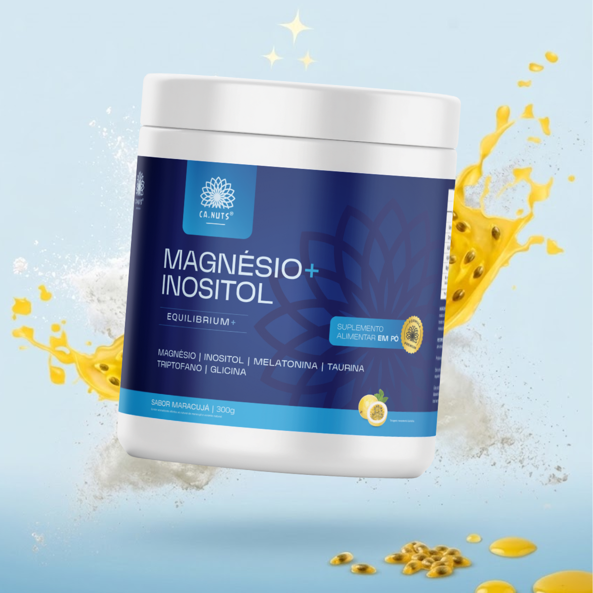 Magnésio e Inositol 300g Ca.nuts Sabor Maracujá | Magnésio, Inositol, Triptofano, Melatonina, Taurina e Glicina