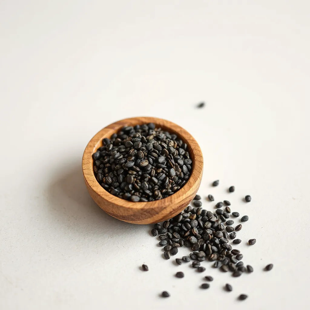 Chia preta premium em uma tigela de madeira sobre fundo claro, com algumas sementes soltas ao redor