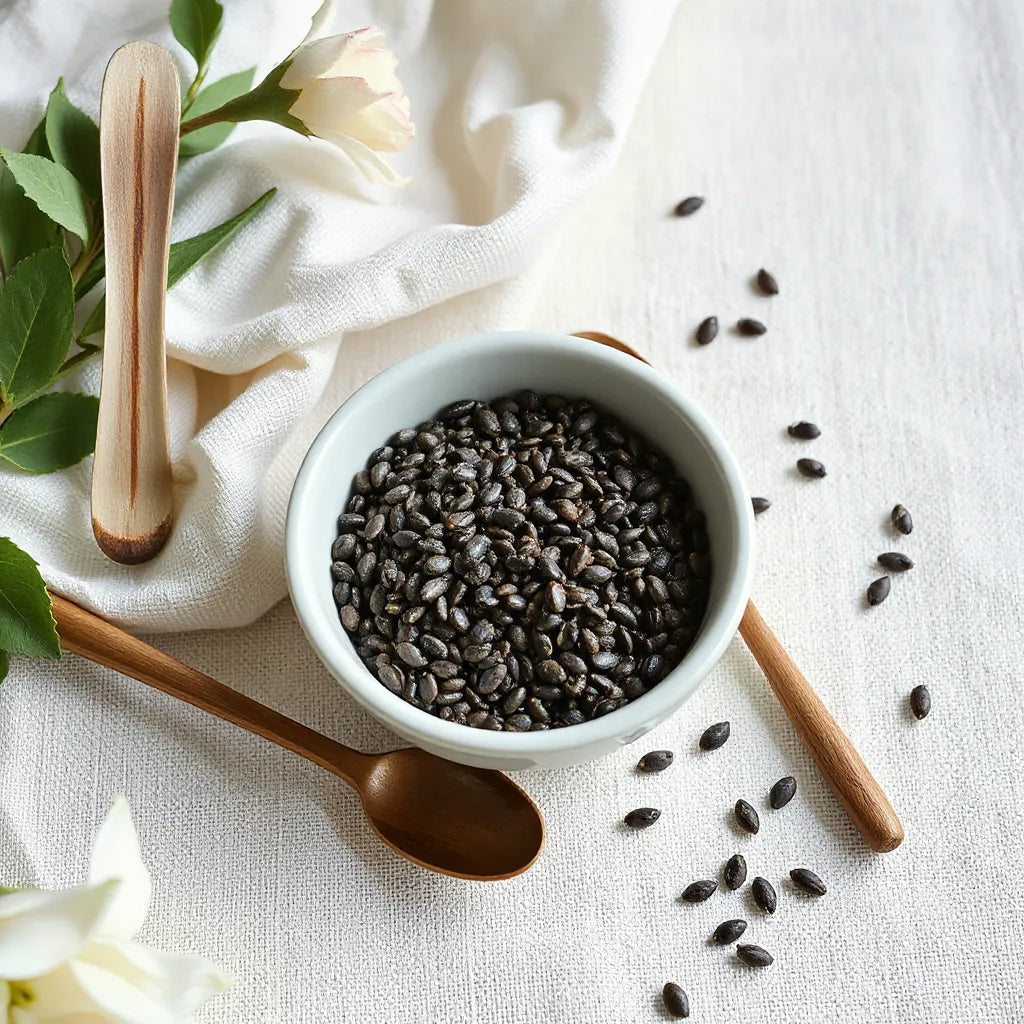 Chia orgânica em uma tigela de cerâmica, com colher de madeira e fundo de tecido claro