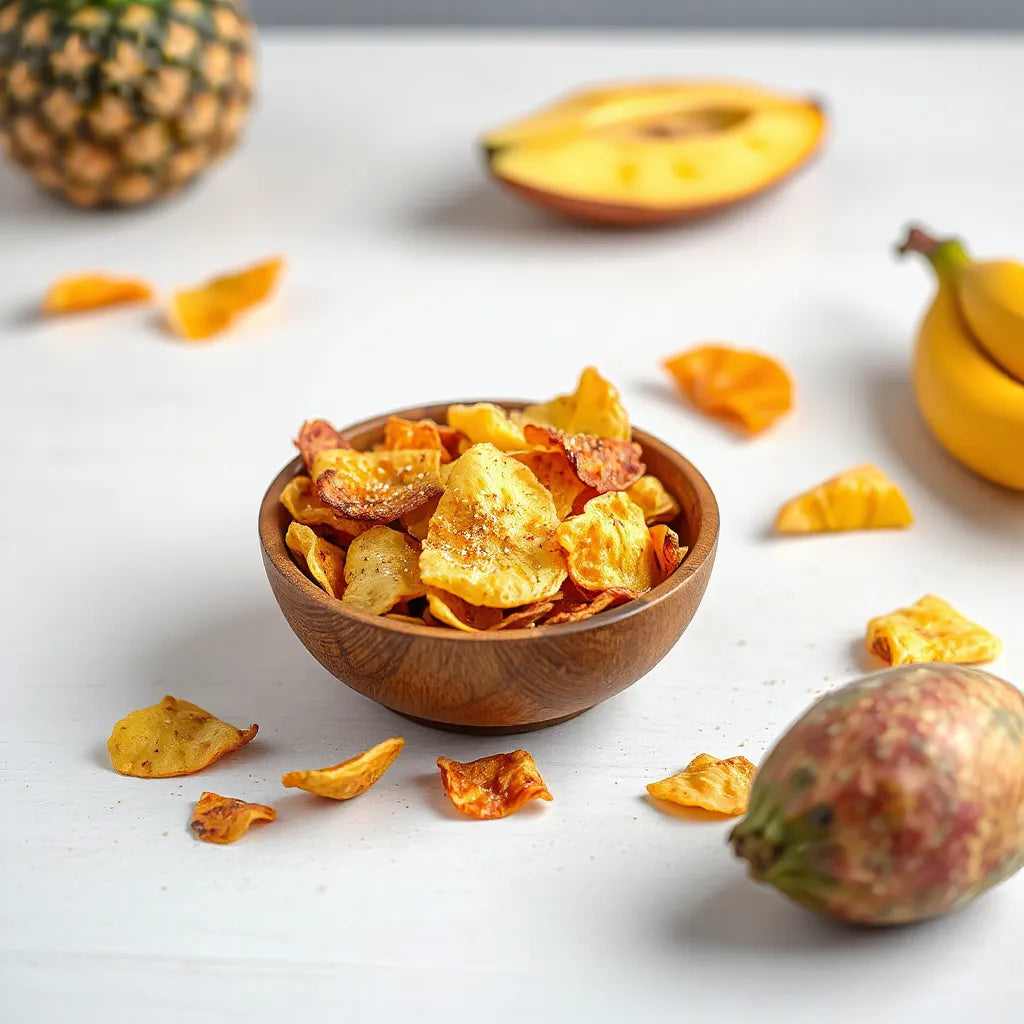 Bowl com chips de frutas tropicais coloridas, ao lado de pedaços de manga, abacaxi e banana.