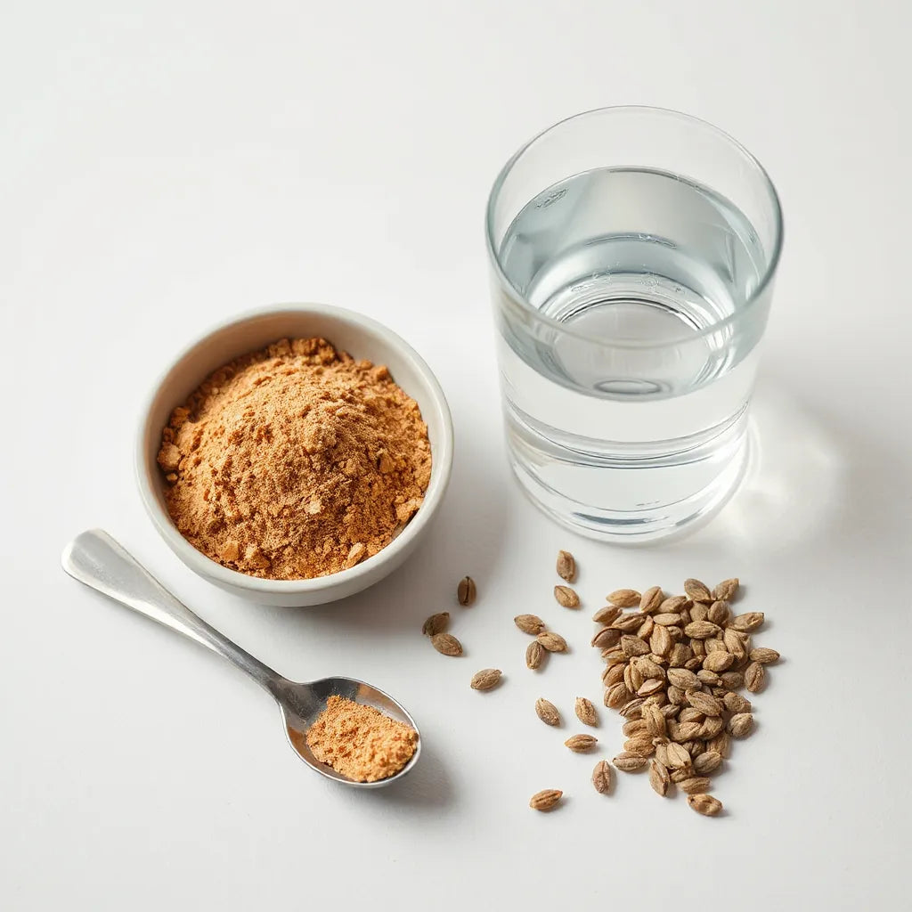 Psyllium em pó em uma tigela, com colher e copo de água ao lado, em fundo claro.