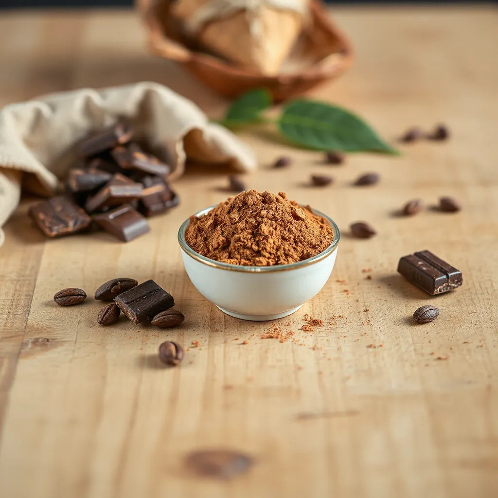 Pó de cacau premium em uma tigela de madeira com nibs e pedaços de chocolate ao lado