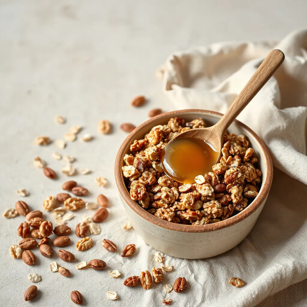 Bowl com granola tradicional, aveia tostada e mel ao lado, em cenário rústico com luz natural