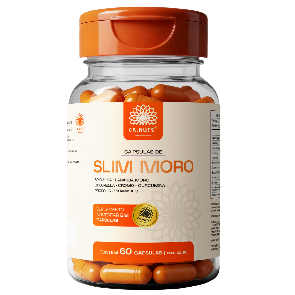 Slim Moro Cápsulas Ca.nuts | 60 Cápsulas | Extrato de Laranja Moro + Spirulina + Chlorella + Cromo + Curcumina + Própolis + Vitamina C