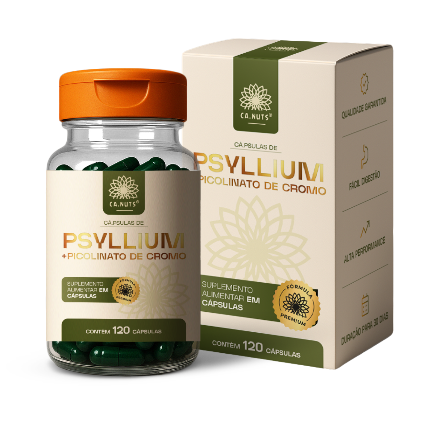 Psyllium em cápsulas mais Piccolinato de Cromo 1200mg Ca.nuts