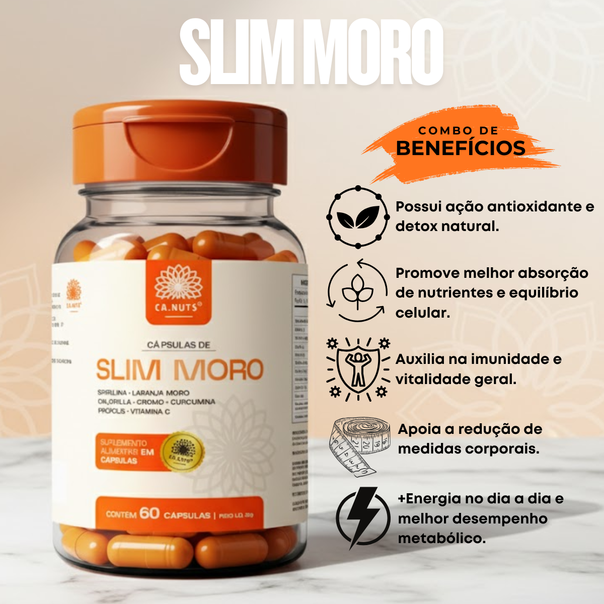 Slim Moro Cápsulas Ca.nuts | 60 Cápsulas | Extrato de Laranja Moro + Spirulina + Chlorella + Cromo + Curcumina + Própolis + Vitamina C