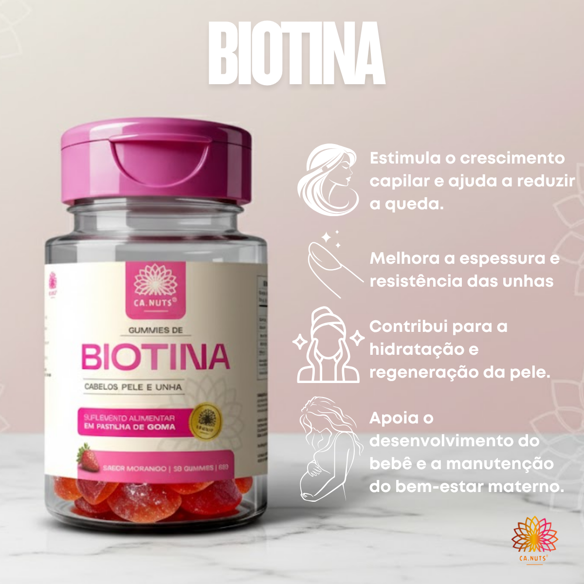 Biotina em Gummies Ca.nuts | 30 Gummies | Vitaminas para Cabelos, Pele e Unhas | Sabor Morango
