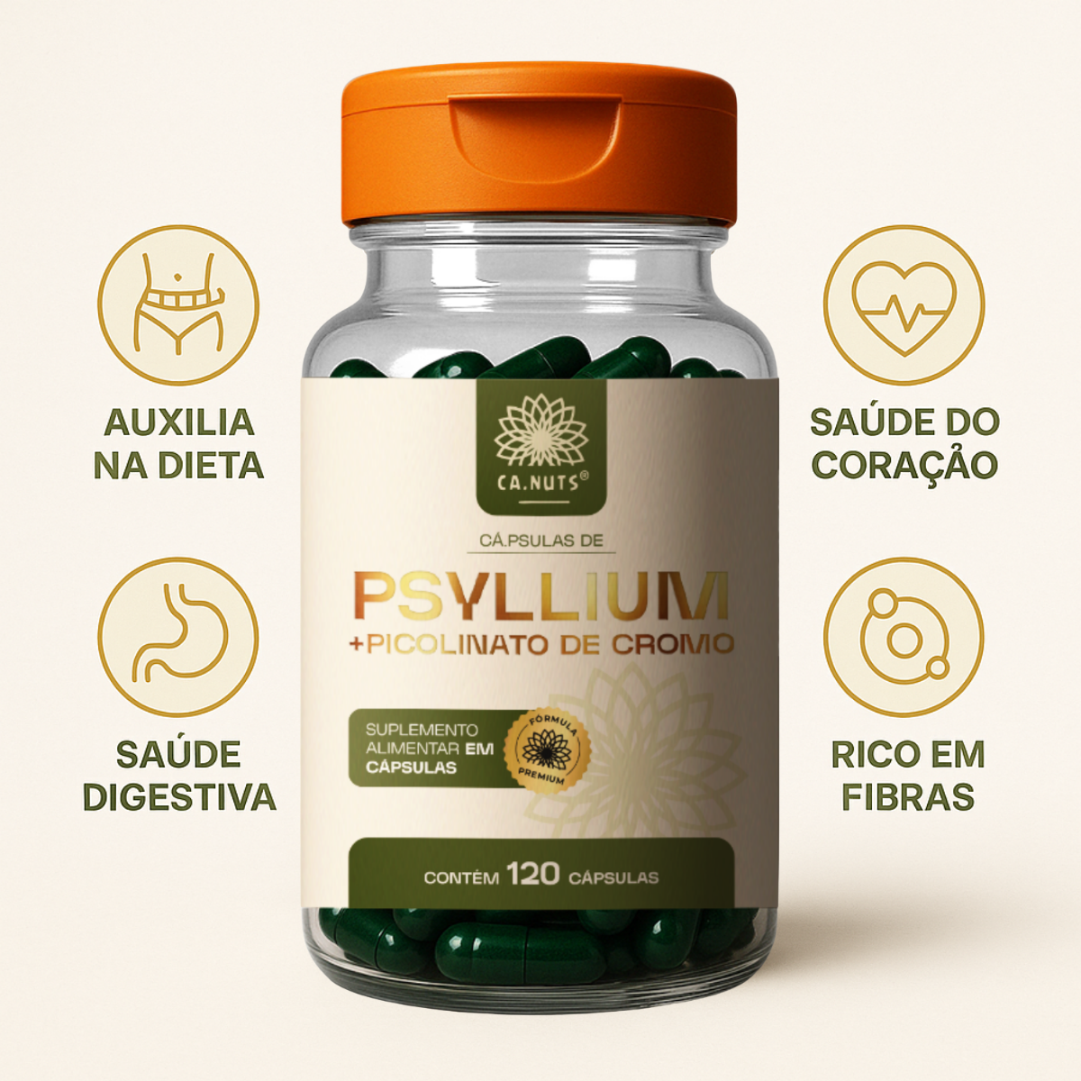 Psyllium em cápsulas mais Piccolinato de Cromo 1200mg Ca.nuts