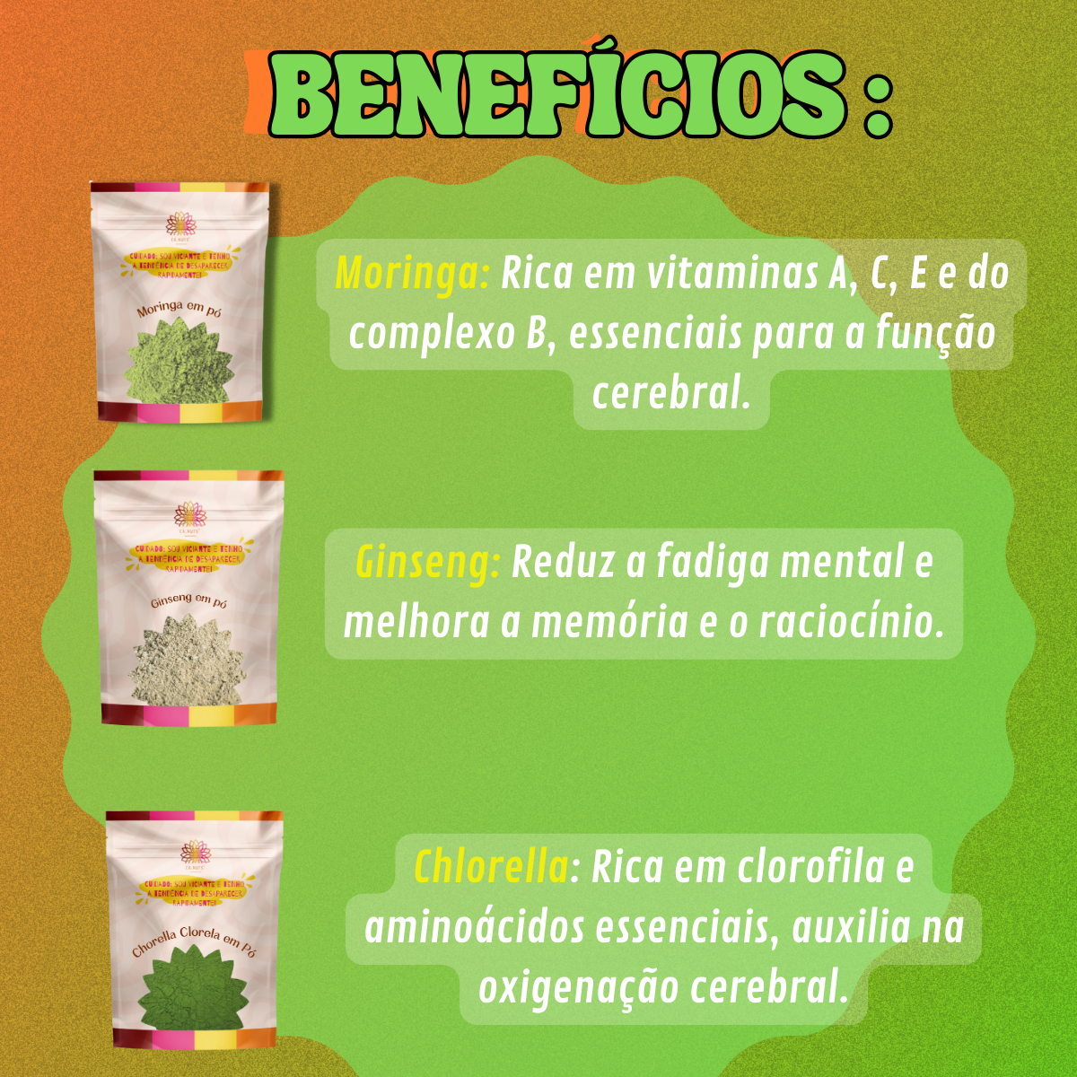 Nootrópico Natural Ca.Nuts (3x500g) Premium | Moringa em Pó, Ginseng em Pó e Chlorella em Pó