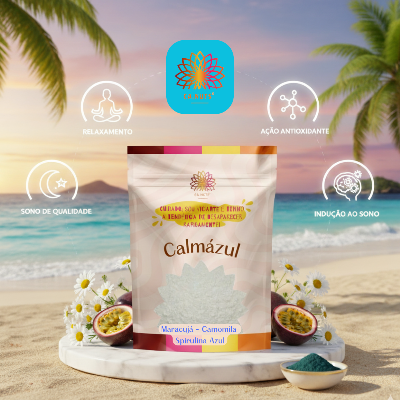 Chá Calmázul Ca.Nuts – Camomila, Maracujá e Spirulina Azul | Chá Natural para Dormir e Relaxar