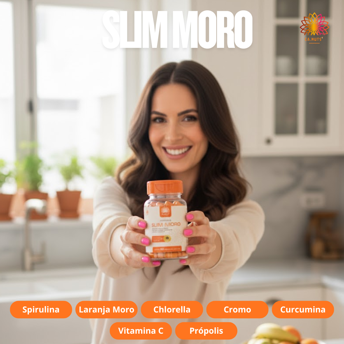 Slim Moro Cápsulas Ca.nuts | 60 Cápsulas | Extrato de Laranja Moro + Spirulina + Chlorella + Cromo + Curcumina + Própolis + Vitamina C