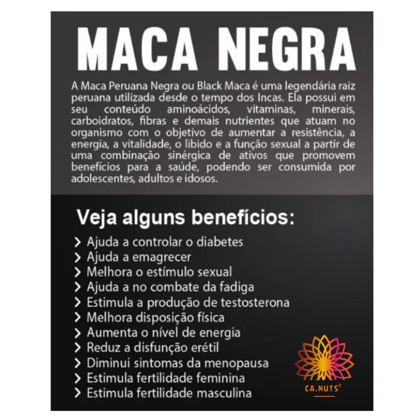 Maca Peruana Negra em Pó Premium | Linha Especial de Suplementos Ca.Nuts