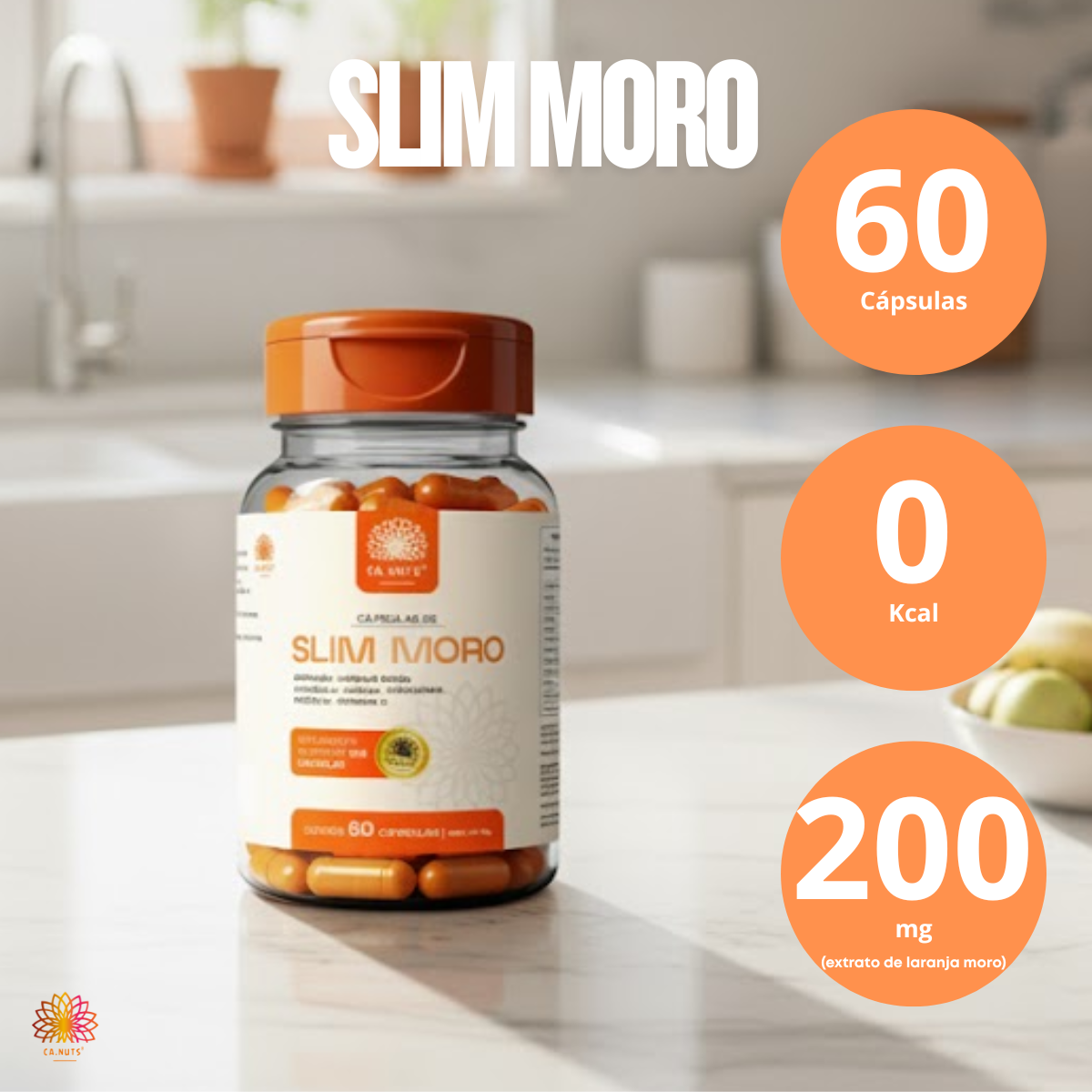 Slim Moro Cápsulas Ca.nuts | 60 Cápsulas | Extrato de Laranja Moro + Spirulina + Chlorella + Cromo + Curcumina + Própolis + Vitamina C