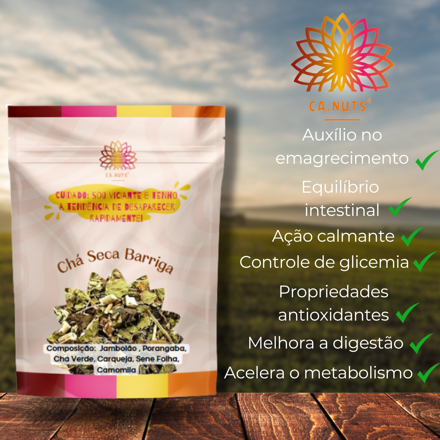 Chá Seca Barriga em Pó Premium Ca.Nuts | Jambolão, Porangaba, Chá verde, Cerqueja, Sene e Camomila