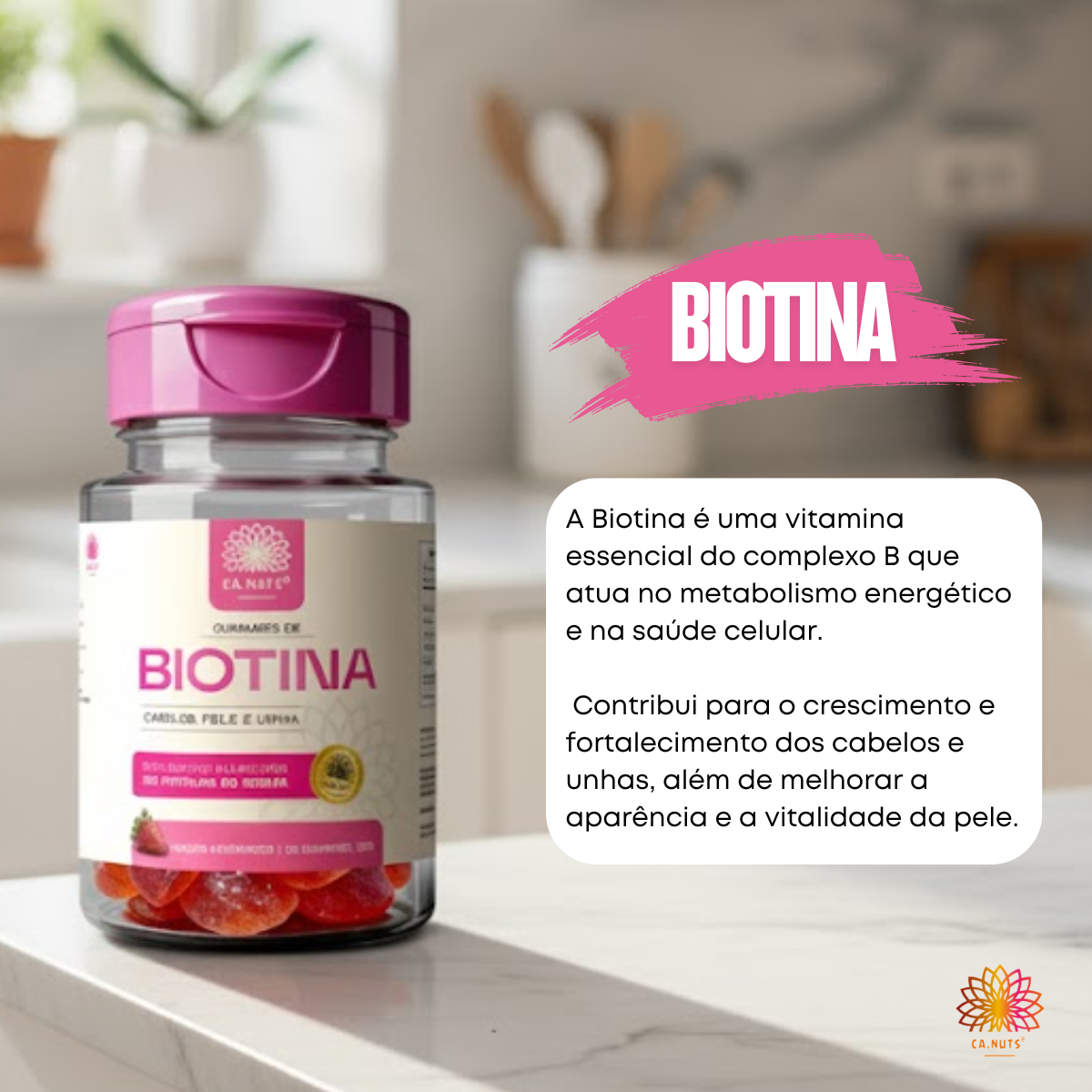 Biotina em Gummies Ca.nuts | 30 Gummies | Vitaminas para Cabelos, Pele e Unhas | Sabor Morango